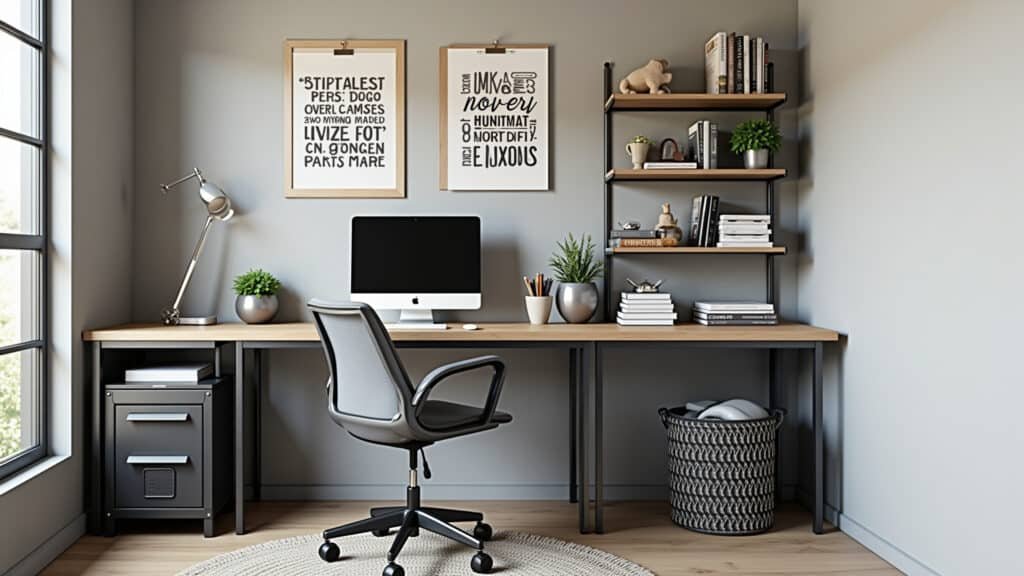 Industrial style home office, metal frame desk, wooden top, industrial design chair, metal shelves, Escritório em estilo industrial com mesa de metal e cadeira de design industrial.