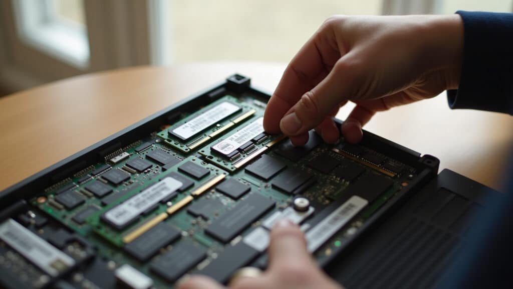 Installing RAM memory module in laptop, hands working, natural light, 8k, professional photography, Instalando um módulo de memória RAM em um notebook.