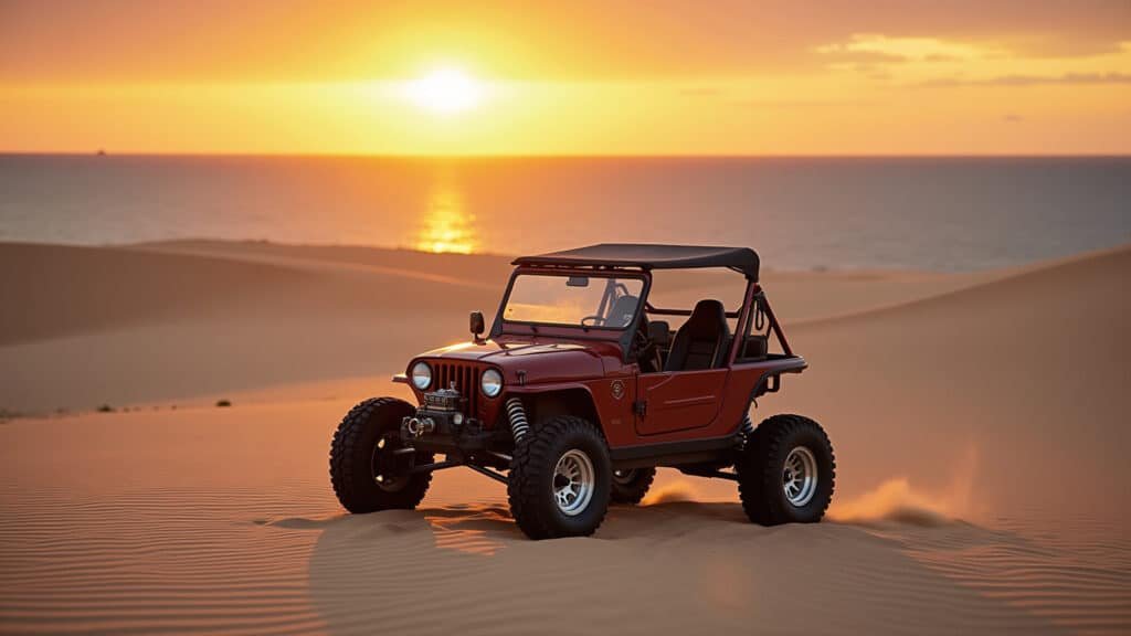 Jericoacoara, Ceará, Brazil. Dunes, lagoon, sunset, buggy, professional photography, 8K quality, Jericoacoara, Ceará: dunas, lagoa e pôr do sol.