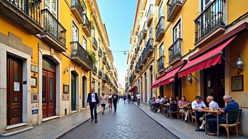 Rua charmosa em Lisboa, Portugal, perfeita para um roteiro de 7 dias econômico.