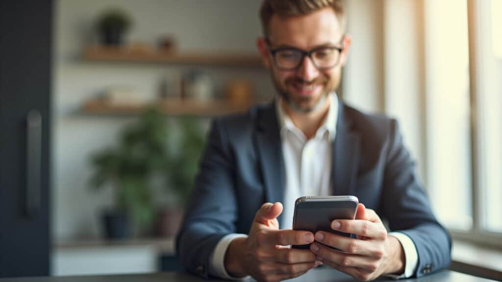 Man using digital bank app to invest, modern apartment, financial technology, natural light, 8k Homem usando app de banco digital para investir.