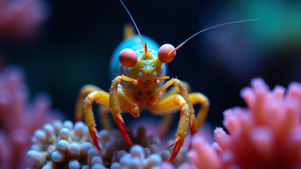 Mantis shrimp ultraviolet vision, underwater, 8K quality, vibrant coral reef, natural lighting, Camarão-mantis visão ultravioleta.