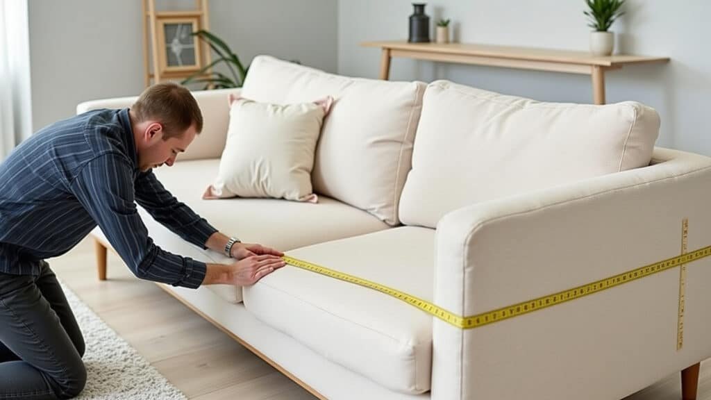 Measuring living room, sofa placement, tape measure, interior design, bright, 8K, professional Medindo sala para escolher o tamanho ideal do sofá.