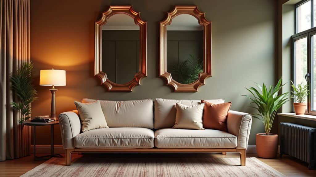 Sala de estar com detalhes em cores metalizadas.