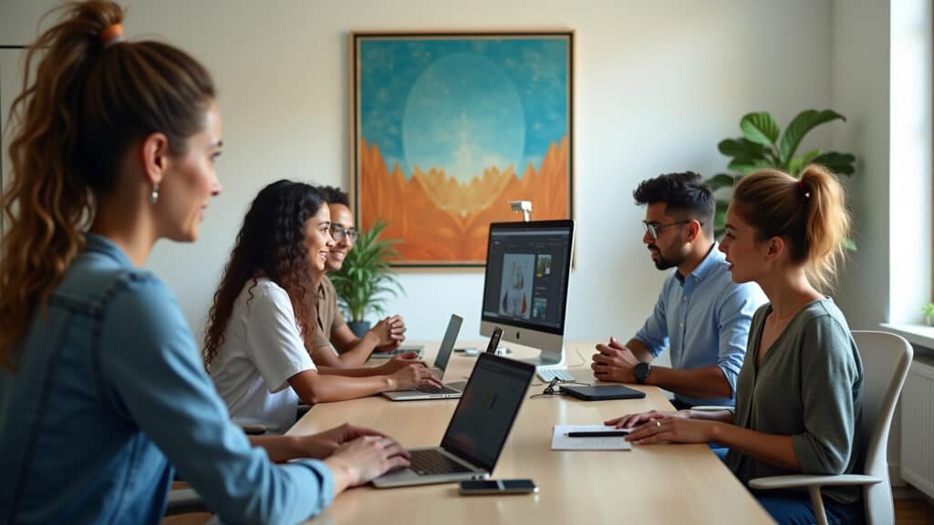 Metaverse changing lives, diverse professionals in virtual office, collaborative environment, Profissionais diversos colaborando em um escritório virtual no metaverso.