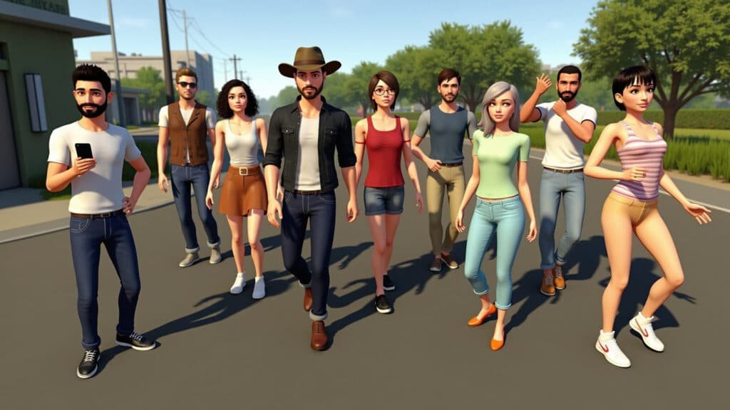 Metaverse for beginners, diverse avatars exploring virtual world, user-friendly interface, Avatares diversos explorando um mundo virtual no metaverso.