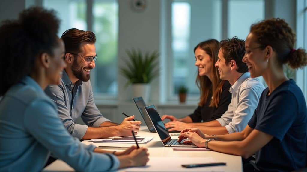 Metaverse future work, diverse professionals remote virtual office, collaborative, Brazilian style, Profissionais diversos trabalhando remotamente em um escritório virtual no metaverso.