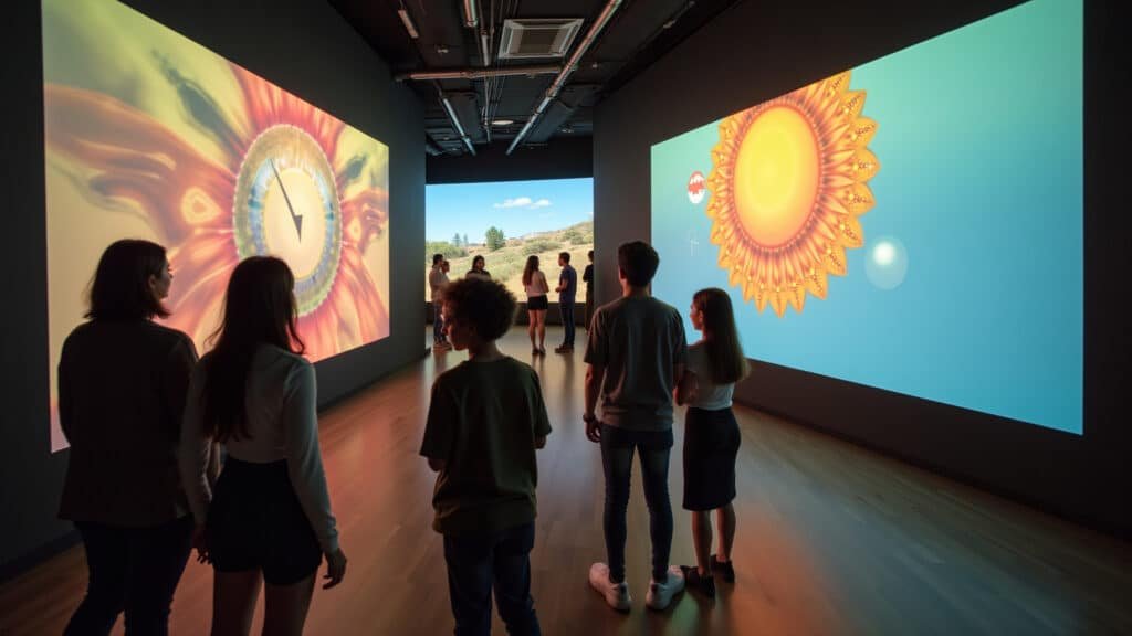 Metaverse immersive education, diverse students virtual museum, interactive learning, Brazilian Estudantes diversos aprendendo em um museu virtual imersivo no metaverso.