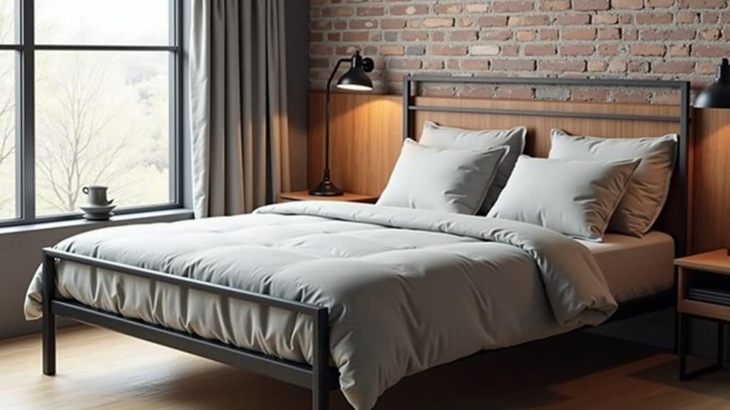 Minimalist industrial bedroom, metal bed frame, neutral bedding, industrial floor lamps, brick Quarto industrial minimalista com cama de metal e roupa de cama neutra.