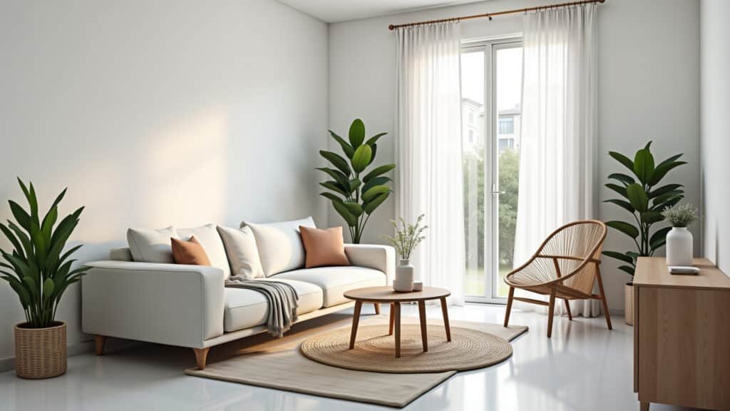Minimalist small apartment living room, white walls, natural light, Brazilian design elements, Sala de estar minimalista em apartamento pequeno com paredes brancas e iluminação natural.