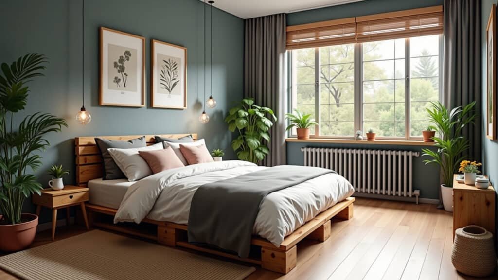 Modern bedroom with pallet headboard, Brazilian design, plants, natural light, lifestyle Quarto moderno com cabeceira de pallet e decoração sustentável.