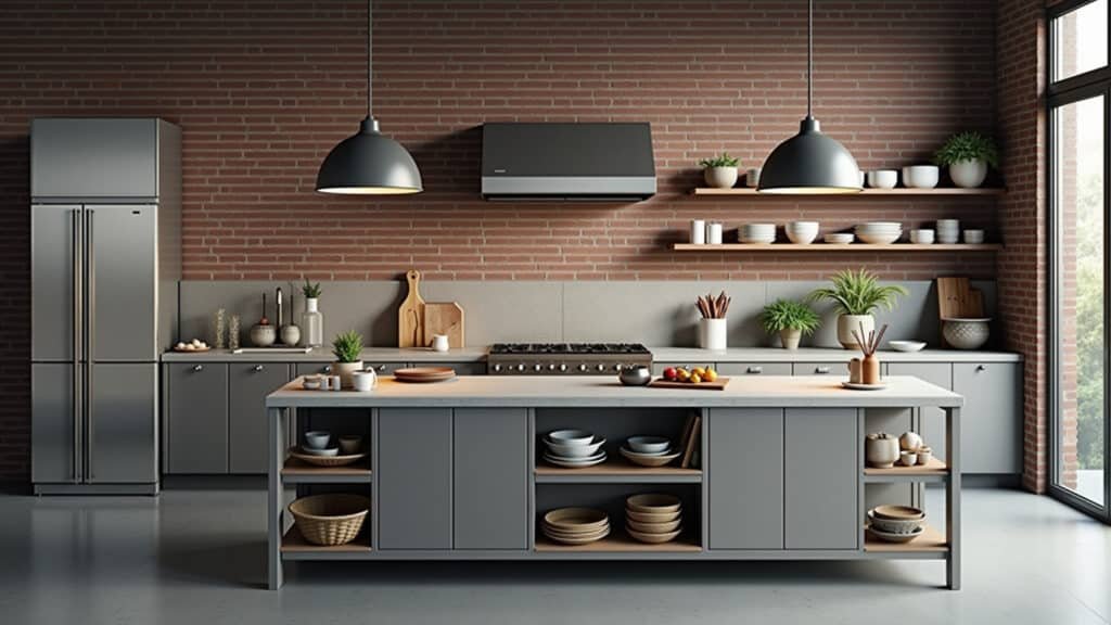 Modern industrial kitchen, concrete countertops, metal cabinets, open shelving, stainless steel Cozinha industrial moderna com bancada de concreto e armários de metal.