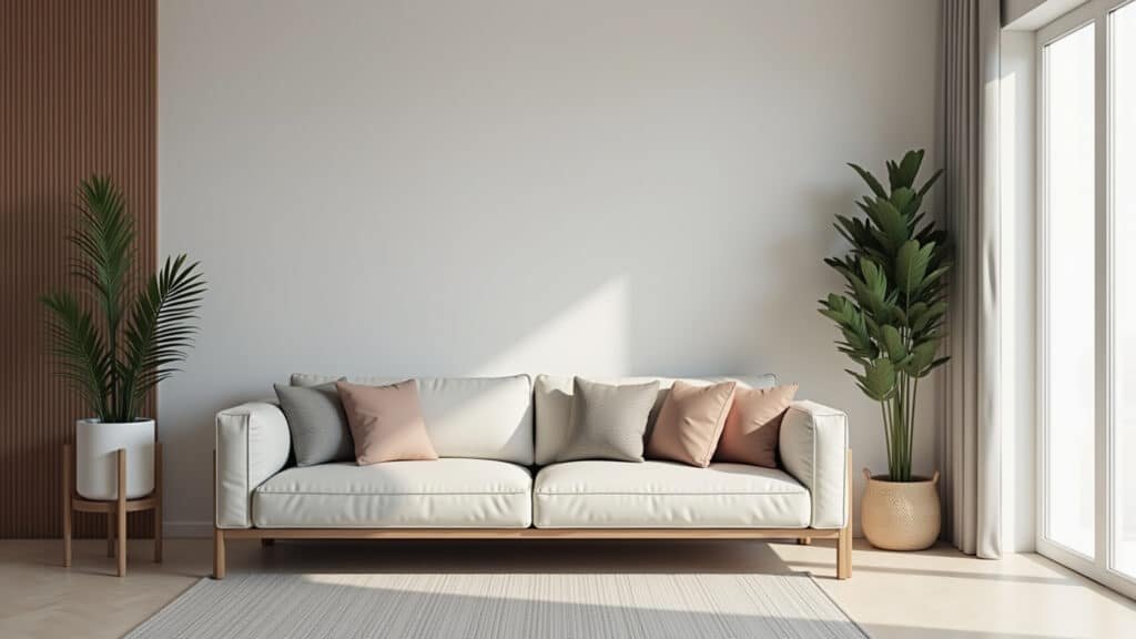 Modern living room, minimalist sofa, neutral colors, clean lines, Brazilian decor, 8K, lifestyle. Sofá moderno de linhas retas em sala de estar minimalista.