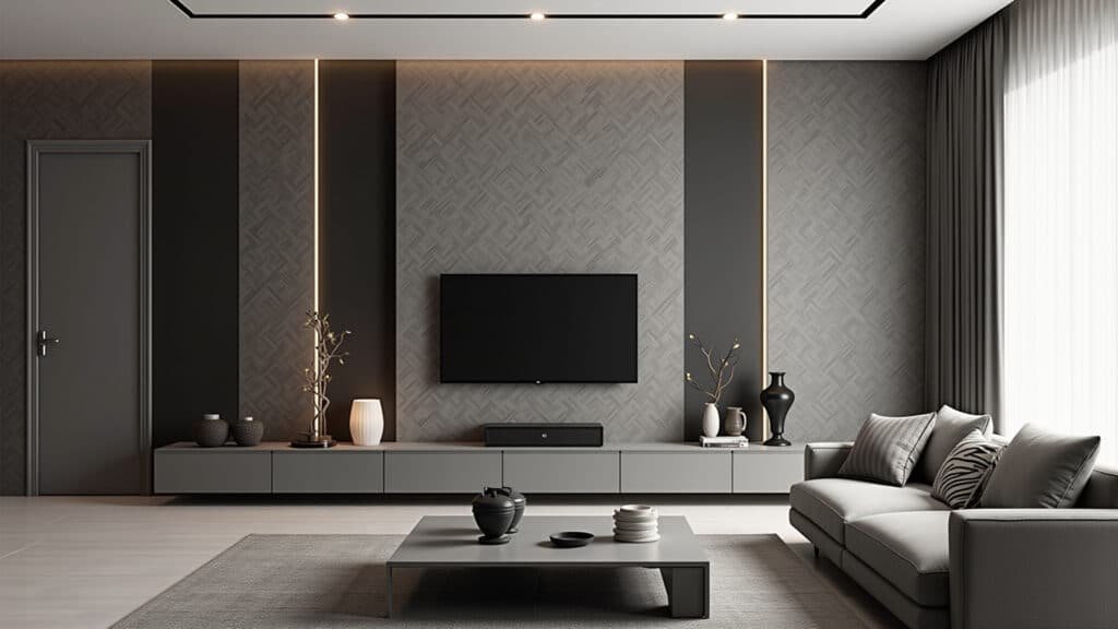 Sala de estar monocromática em tons de cinza.