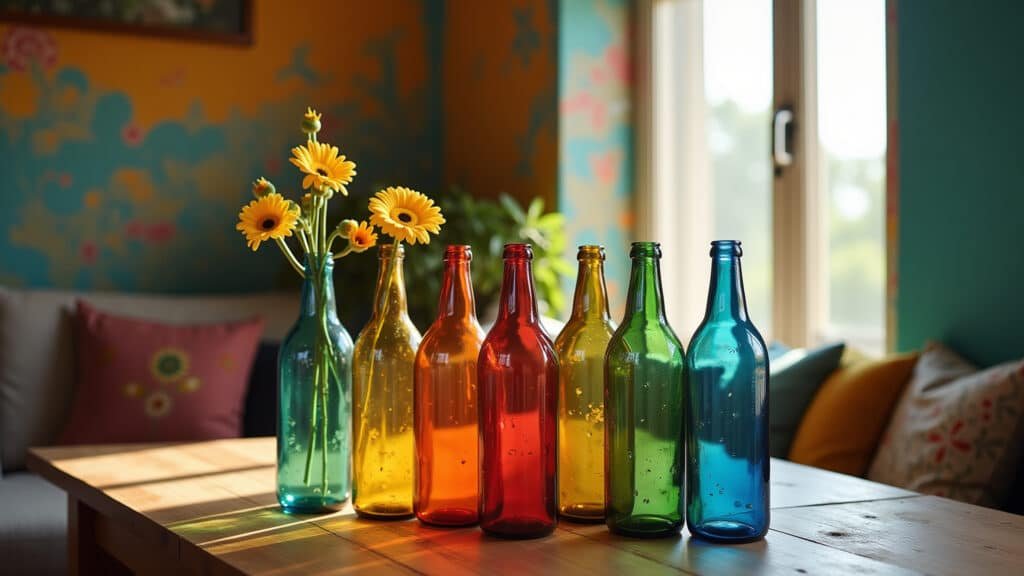 Painted glass bottles as vases, colorful decor, Brazilian room, natural light, lifestyle Garrafas de vidro pintadas e decoradas como vasos coloridos.