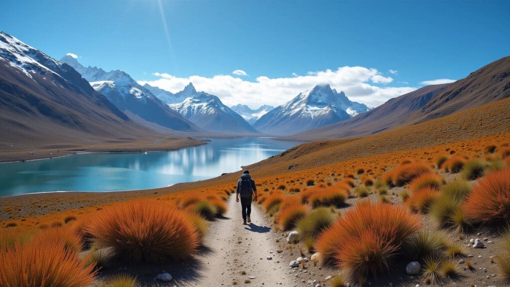 Paisagem da Patagônia em dezembro, com céu azul e clima agradável.