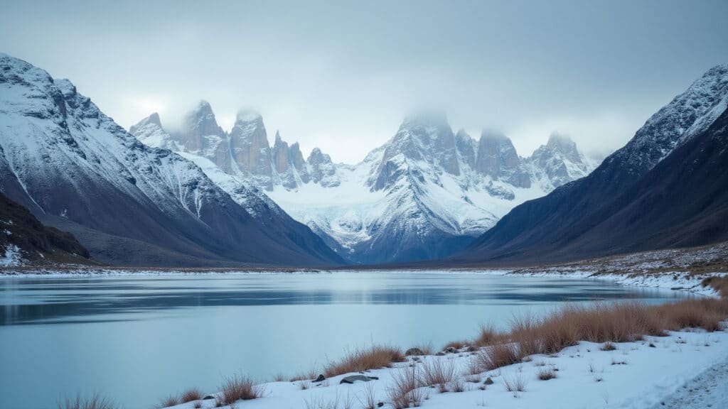 Paisagem de inverno na Patagônia com montanhas cobertas de neve.