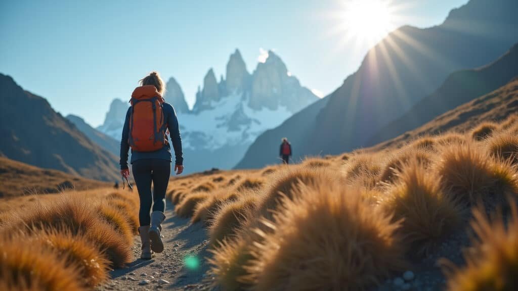 Mulher fazendo trekking em trilha na Patagônia.