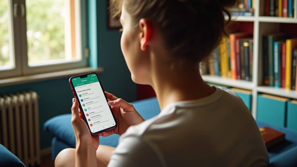 Person learning language on Duolingo app, colorful interior, books, natural light, 8K, sharp focus, Aprendendo idiomas com o aplicativo Duolingo.