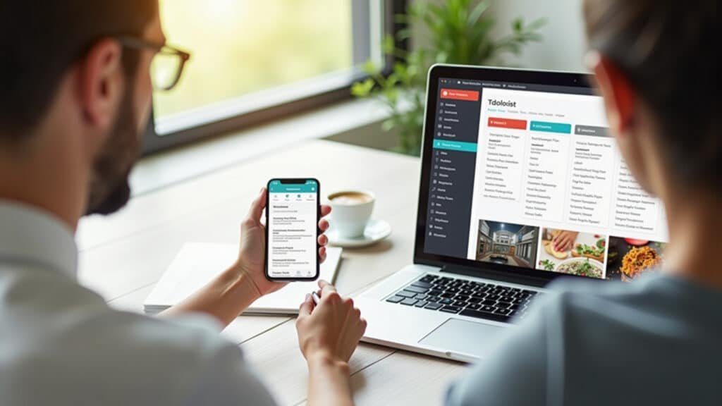 Person organizing tasks on a Todoist app with AI suggestions, minimalist desk, calendar, natural Organização de tarefas com IA no aplicativo Todoist.