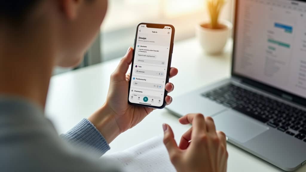 Person organizing tasks on a Todoist app with AI suggestions, minimalist desk, calendar, natural Organização de tarefas com IA no aplicativo Todoist.