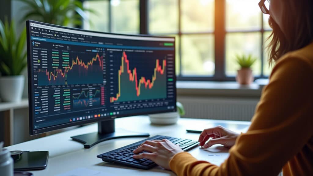 Person researching stock market investments online, bright workspace, financial analysis, 8k Pessoa pesquisando investimentos na bolsa de valores online.