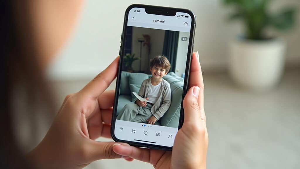Person using Remini app to enhance old photo, before and after, natural light, 8K, sharp focus, Melhorando fotos antigas com o aplicativo Remini.