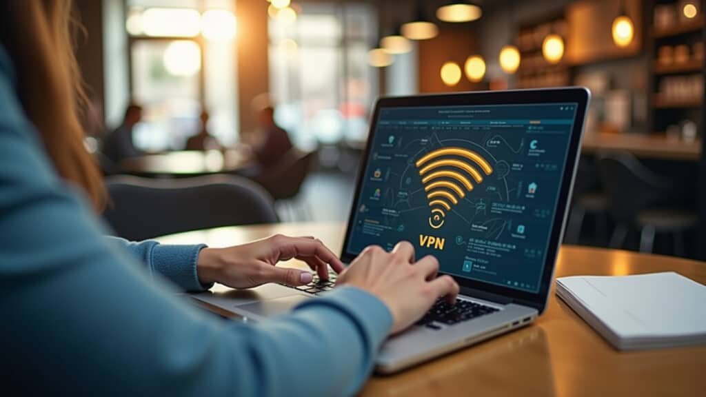 Pessoa usando VPN em café com Wi-Fi público.
