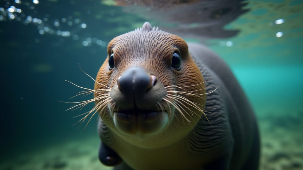 Platypus detecting electricity, 8K, natural lighting, hyper-realistic, platypus underwater, focus Ornitorrinco detectando eletricidade.