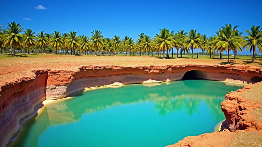 Praia do Gunga, Barra de São Miguel, Alagoas, Brazil. Colored cliffs, lagoon, palm trees, blue Praia do Gunga, Alagoas: falésias coloridas e lagoa.
