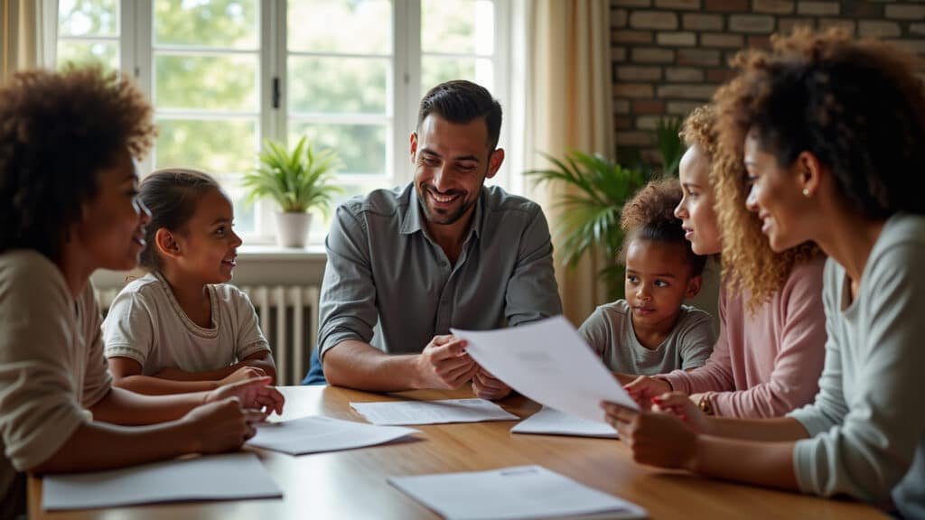 Professional photography, 8K, sharp focus, diverse family discussing who can be declared as Família brasileira discutindo quem pode ser declarado como dependente no IR.