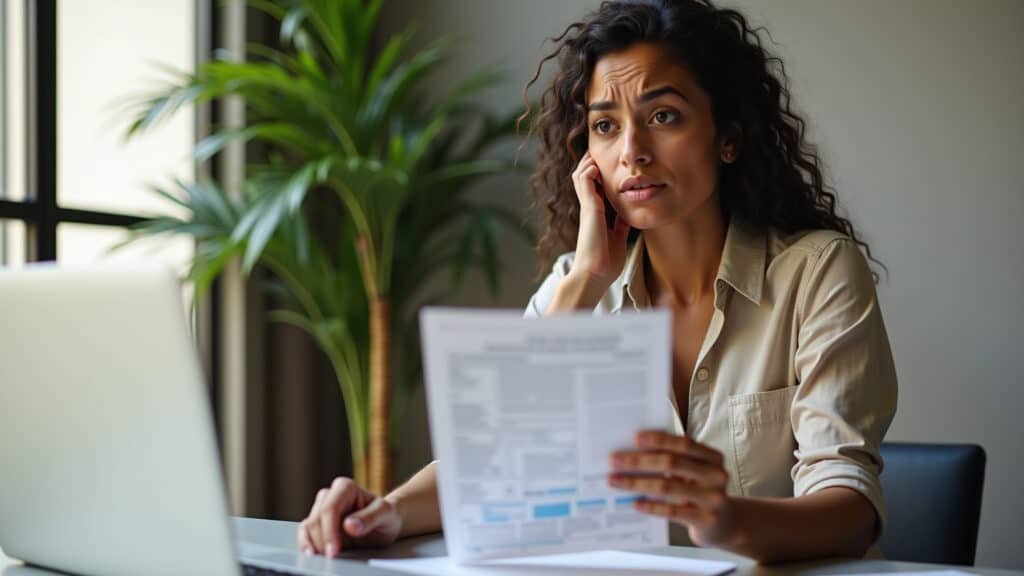 Professional photography, 8K, sharp focus, diverse woman studying deductible expenses for income Mulher confusa analisando despesas dedutíveis do Imposto de Renda.
