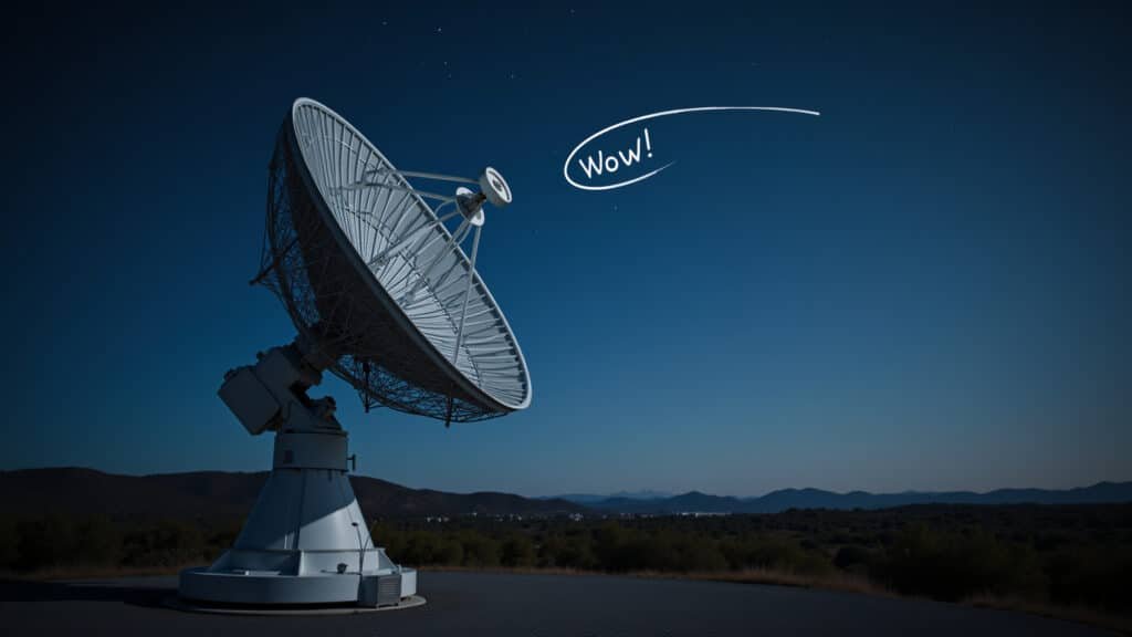 Radiotelescope dish pointed at a starry night sky, capturing a mysterious signal. Professional Radiotelescópio captando sinal misterioso no céu noturno.