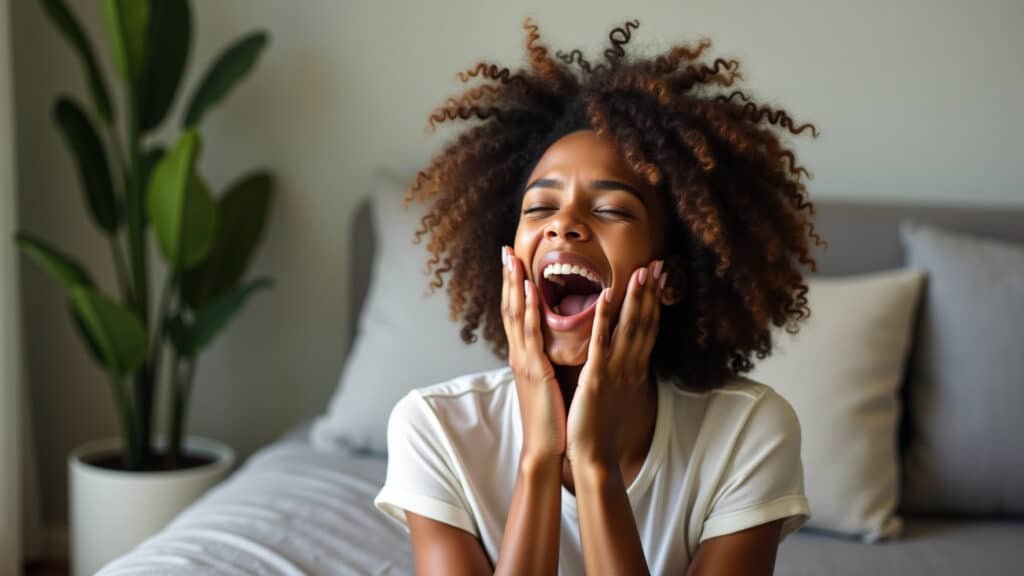 Mulher relaxada bocejando.