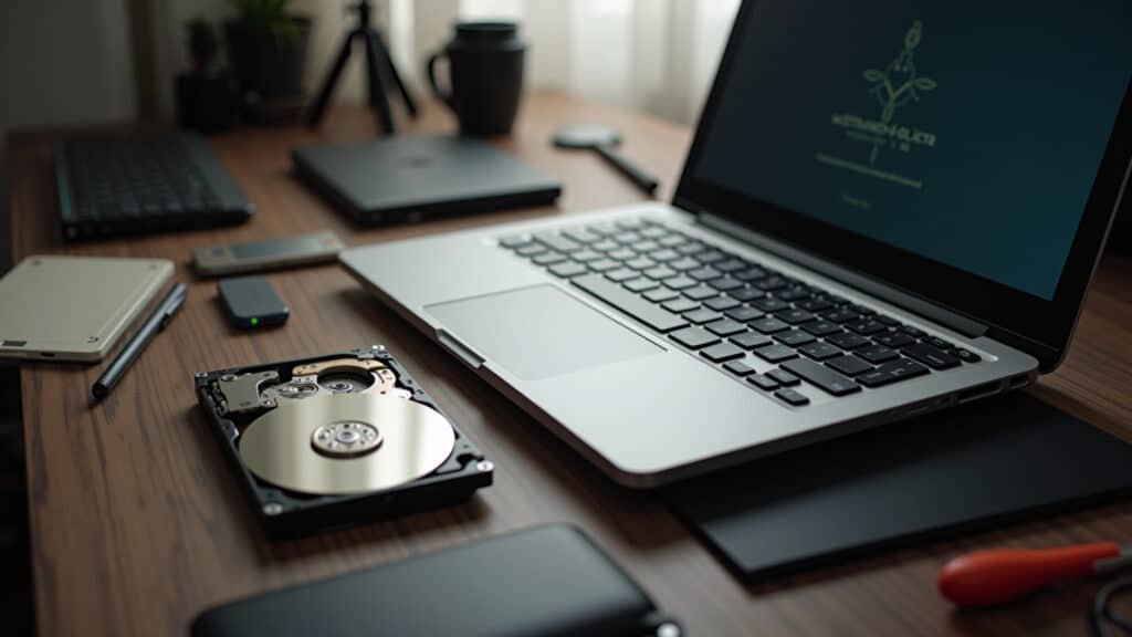 Replacing old HDD with new SSD in laptop, tools on desk, natural light, 8k, professional Trocando HD por SSD em um notebook.