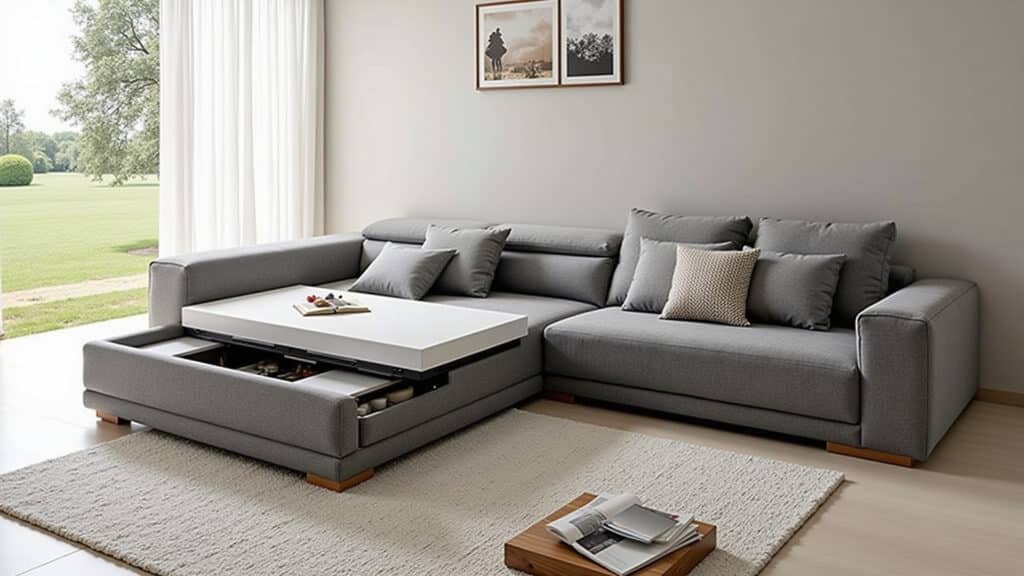 Retractable sofa transforming, living room, versatility, space saving, Brazilian home, 8K. Sofá retrátil e reclinável oferecendo praticidade e versatilidade.