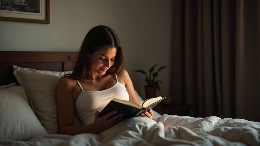 Serene woman in a dimly lit bedroom, disconnecting from devices, reading a book before sleep. Mulher relaxando com livro antes de dormir.