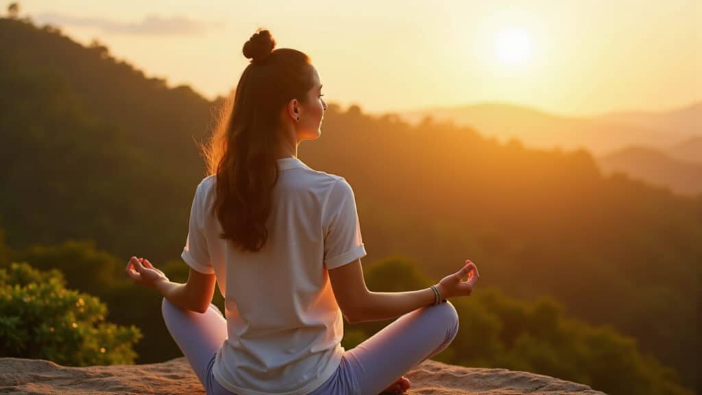 Serene woman meditating outdoors at sunrise, natural lighting, peaceful expression, 8K quality, Mulher meditando ao nascer do sol, promovendo bem-estar mental.