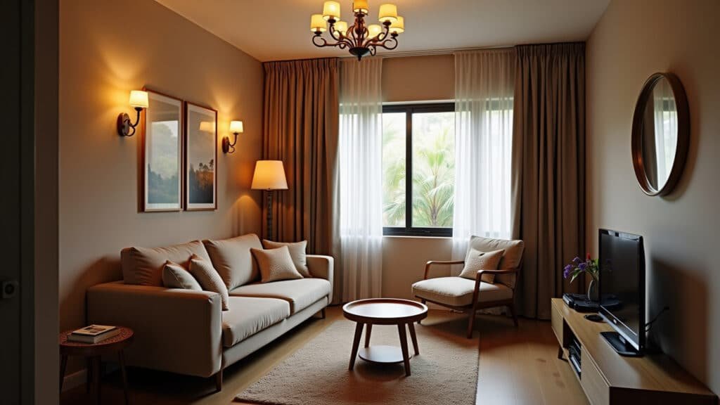 Small apartment, layered lighting: ceiling lights, lamps, natural light, cozy atmosphere, Brazilian Iluminação aconchegante em apartamento pequeno com luminárias e luz natural.