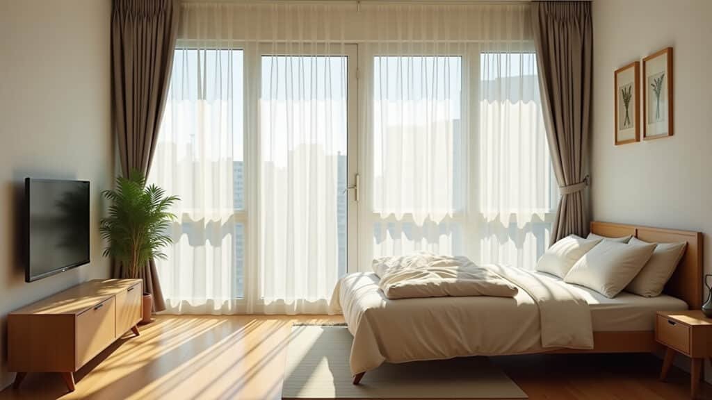Small apartment, light curtains, natural light, airy atmosphere, minimalist design, lifestyle Cortinas leves e claras permitindo a entrada de luz natural em apartamento pequeno.