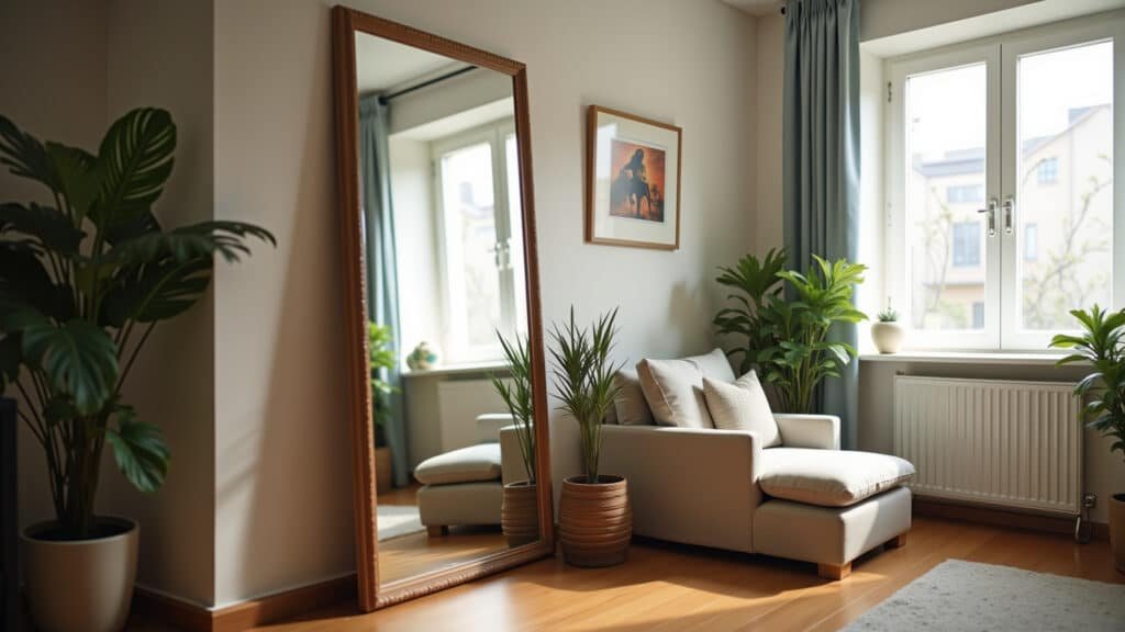 Small apartment living room, large mirror reflecting window, natural light, plants, cozy Espelho grande refletindo a luz natural em sala de apartamento pequeno.