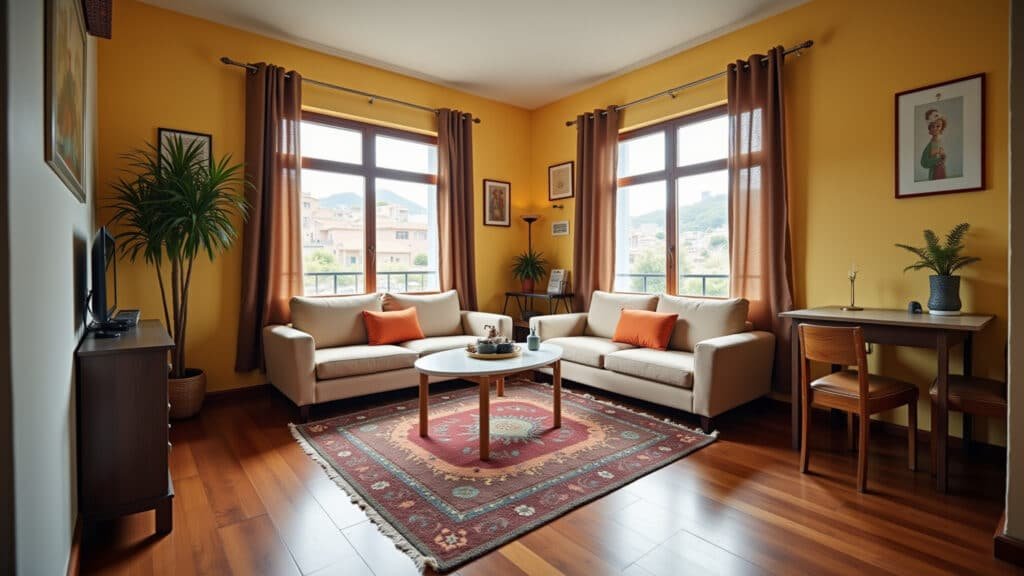 Small apartment, rug defining living area, warm colors, cozy atmosphere, Brazilian design, natural Tapete delimitando a área de estar em um apartamento pequeno.