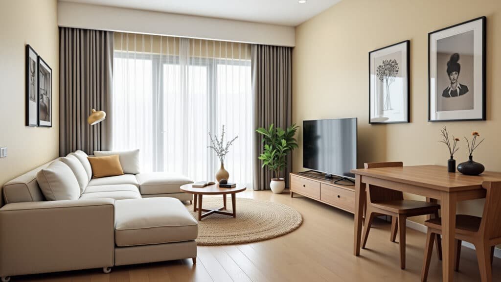 Small living room, light colored sofa, bright, airy, Brazilian decor, space saving, 8K. Sofá de cor clara em sala pequena ampliando o ambiente.