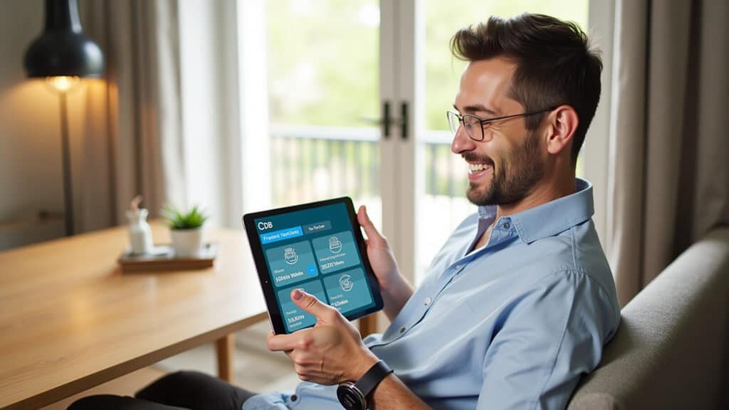 Smiling man reviewing CDB investment options on tablet, modern banking app, financial growth, Homem sorrindo ao analisar opções de CDB em um tablet.
