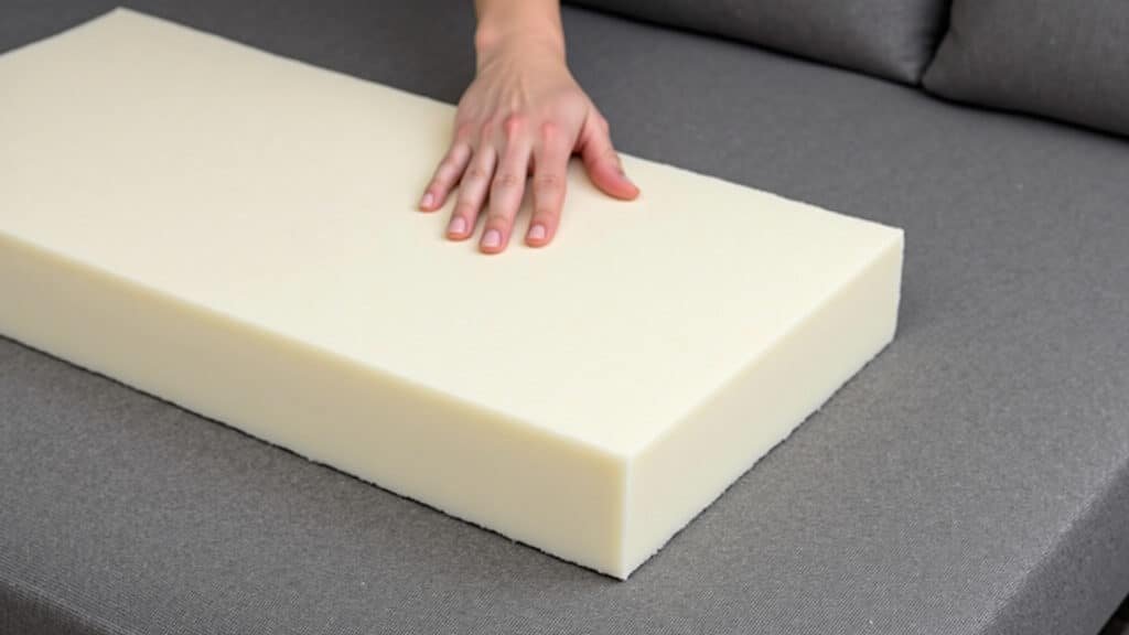 Sofa foam density test, hand pressing cushion, comfort, interior design, 8K, professional photo. Testando a densidade da espuma do sofá para garantir o conforto.