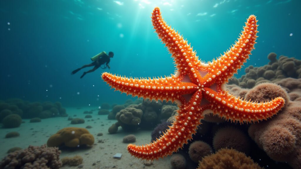 Starfish regeneration, 8K quality, vibrant colors, natural lighting, hyper-realistic, starfish Estrela-do-mar regenerando braço.
