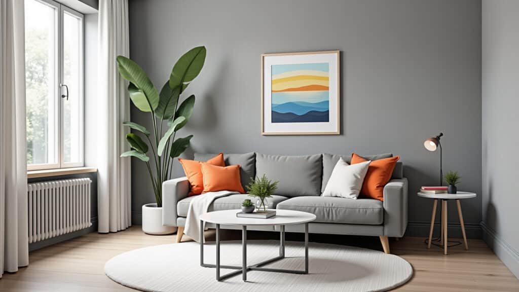 Escritório atemporal em tons de cinza com toques vibrantes.