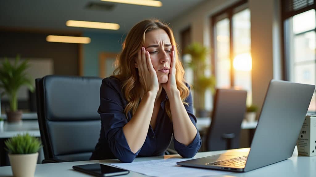 Mulher cansada bocejando na mesa.