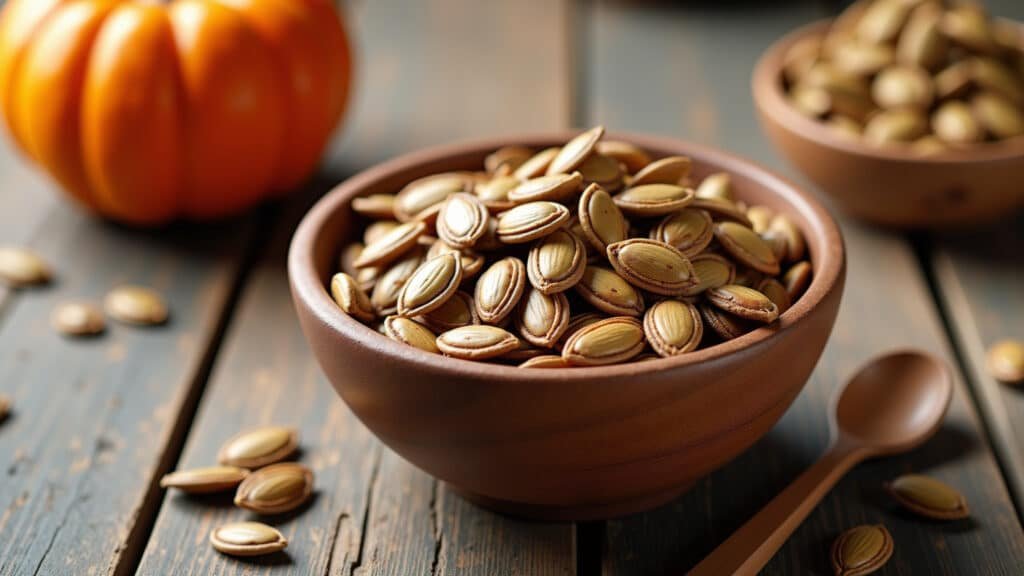 Sementes de abóbora torradas, ricas em zinco para fortalecer a imunidade.