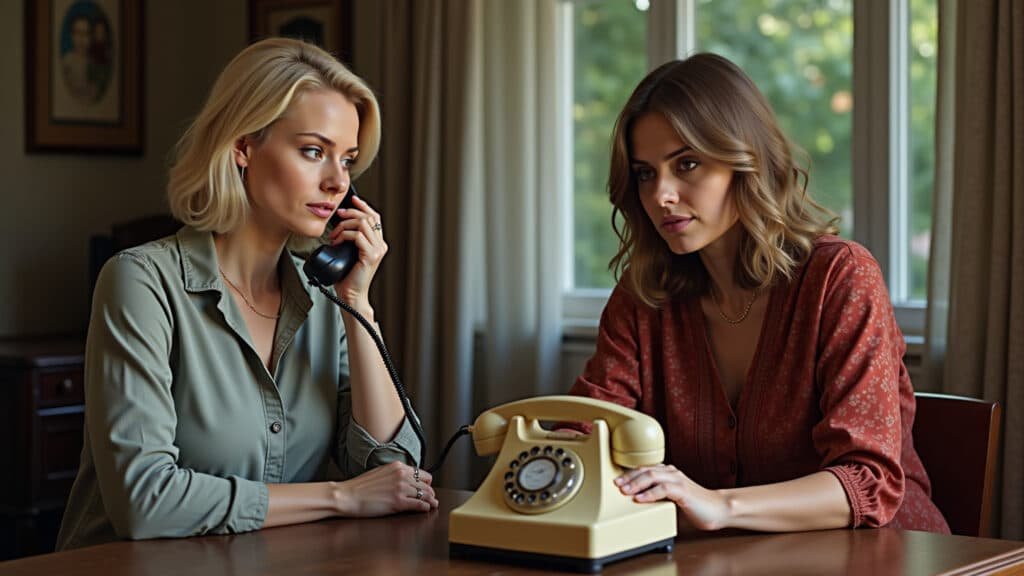 Two women from different eras connected by an old telephone, one in a modern apartment, the other Mulheres de épocas diferentes conectadas por um telefone em suspense coreano.